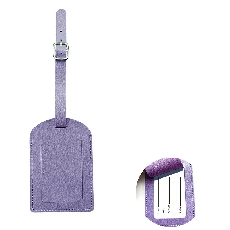 Purple PU leather luggage tag with a strap and ID card holder.