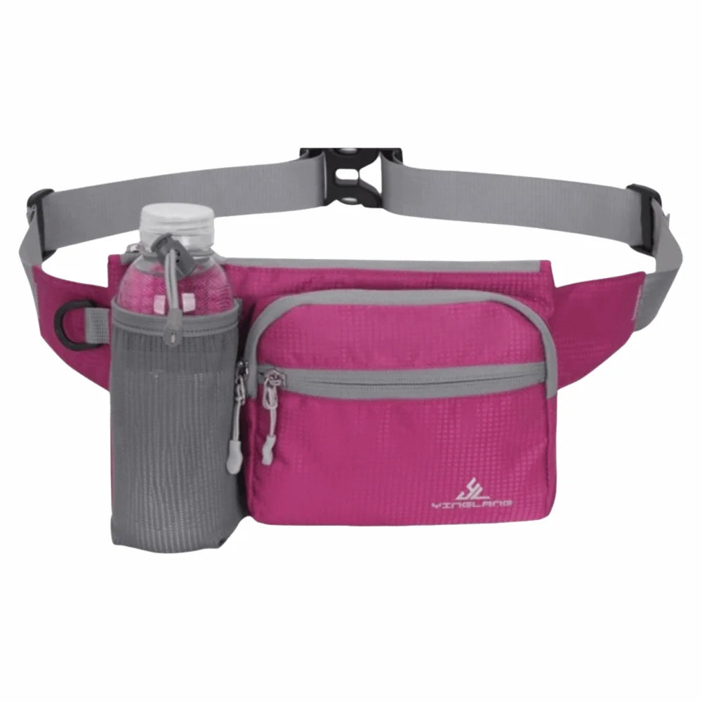 A pink and gray waterproof invisible waist pack designed for runners and travelers.