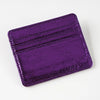A purple, textured leather mini wallet card holder with embossed lines.