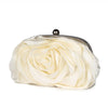 A cream-colored rose floral evening clutch bag with a silver chain strap.