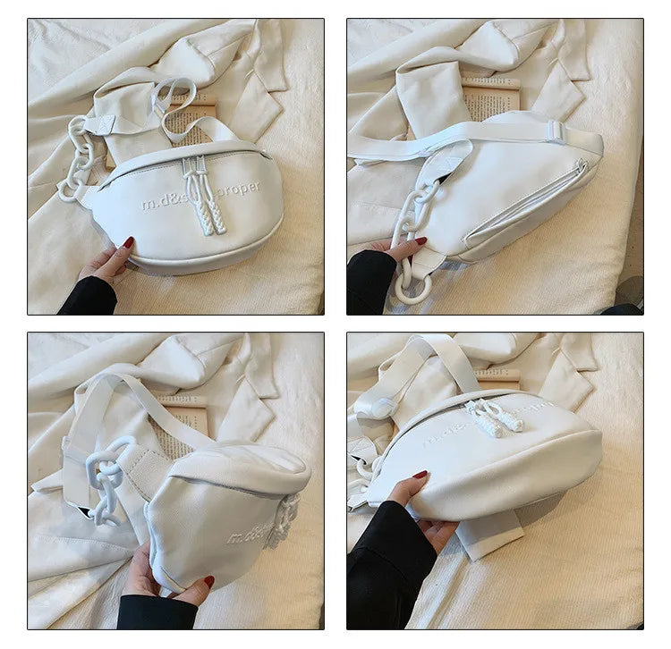 A white PU leather crossbody saddle bag with a silver chain strap shown in multiple angles.