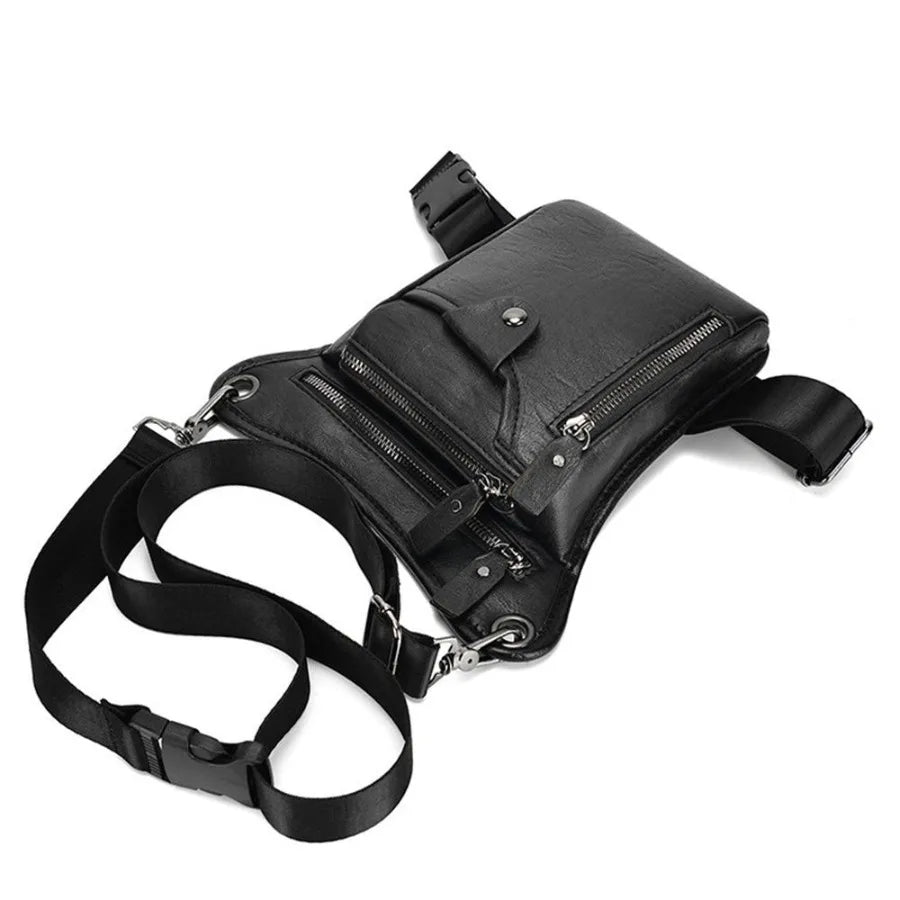 Black multi-purpose PU waist pack bag with a zipper and adjustable strap