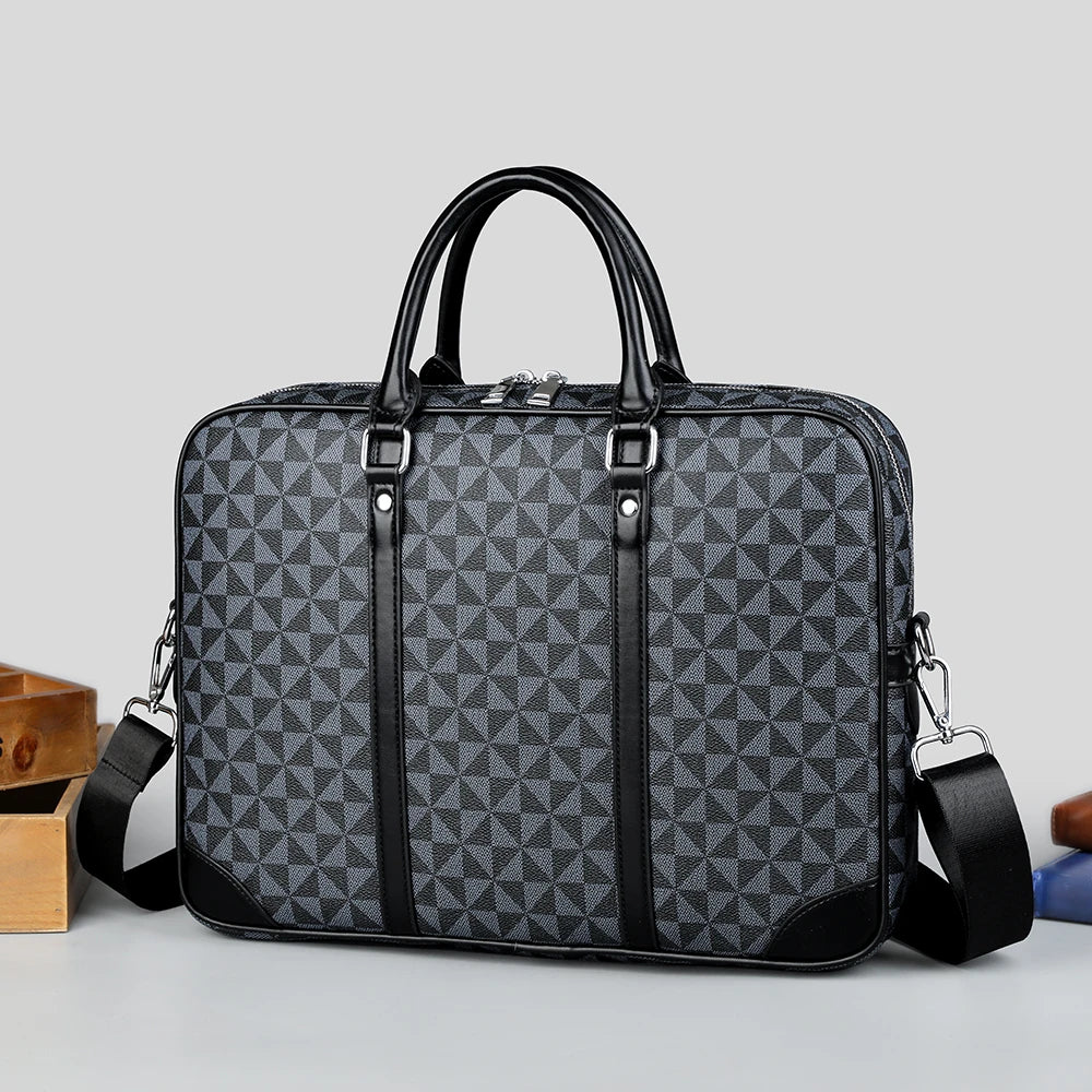 A dark gray patterned executive PU leather laptop briefcase with black trim and shoulder strap.
