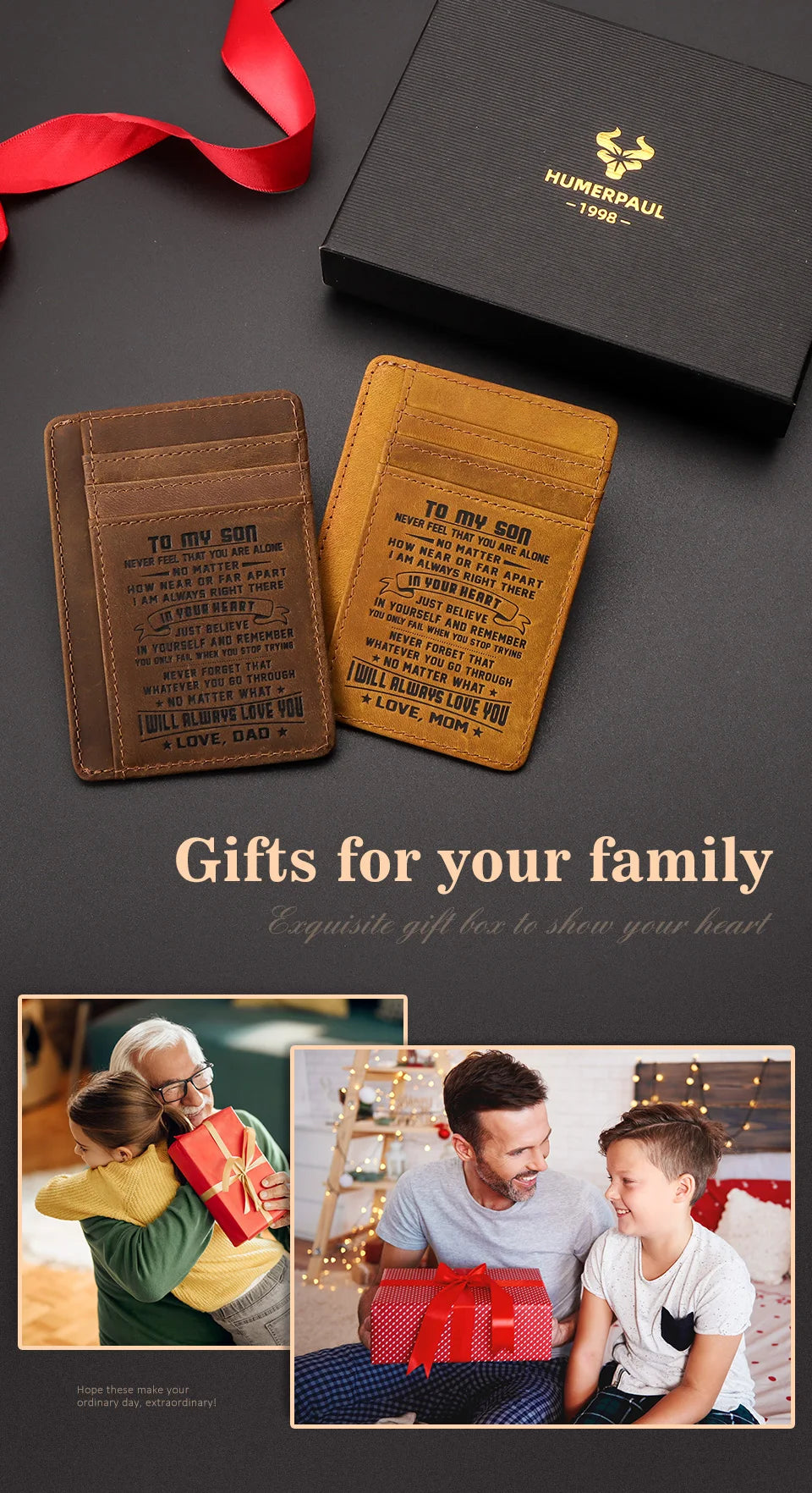 Une boîte cadeau avec un portefeuille en cuir et un ruban rouge, présentée comme des cadeaux pour votre famille.