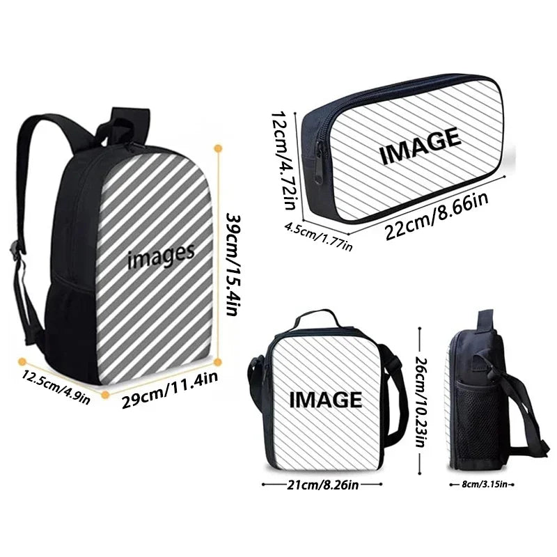 Un ensemble de sacs à dos de gorilles en rayures noires et blanches pour enfants, avec les dimensions montrées.