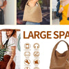 A large woven brown faux leather tote bag and matching clutch are shown alongside various electronic devices and accessories.