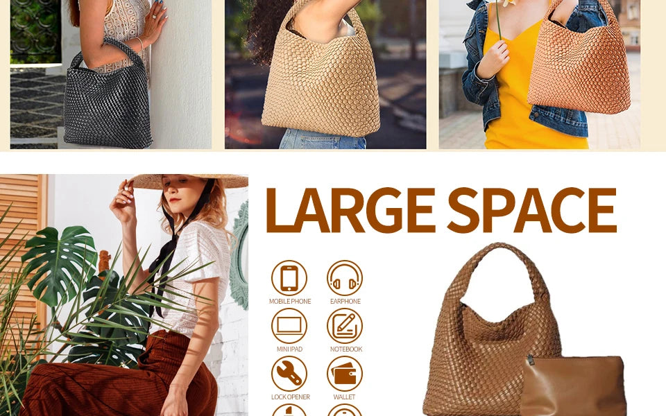 A large woven brown faux leather tote bag and matching clutch are shown alongside various electronic devices and accessories.