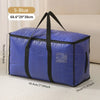 A royal blue woven storage bag with black handles and double zippers shown lying on a light surface.