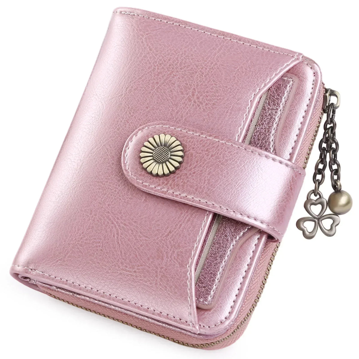 A pink leather wallet with a clasp closure and card slots, featuring a decorative gold flower button.