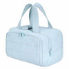 Bolsa de tocador impermeable blanca con múltiples bolsillos, cierre de cremallera y asas para llevar.