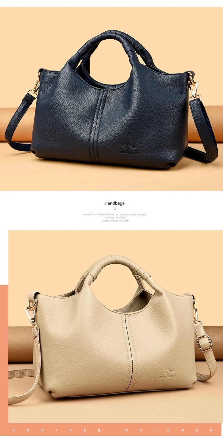 A beige luxury soft leather women's tote bag shown in a studio setting.