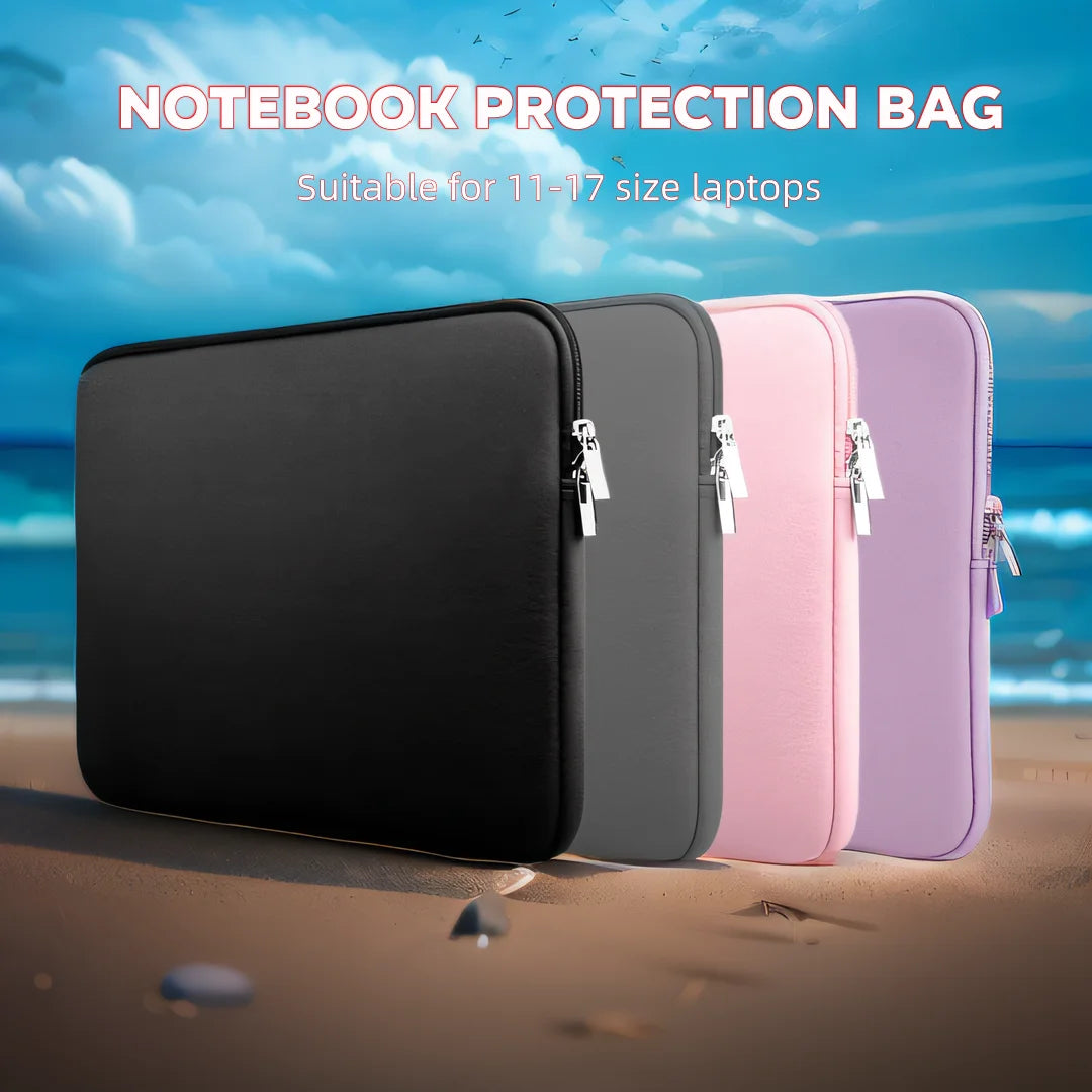 A set of multi-size laptop protection bags in black, gray, pink, and purple are displayed on a sandy beach.