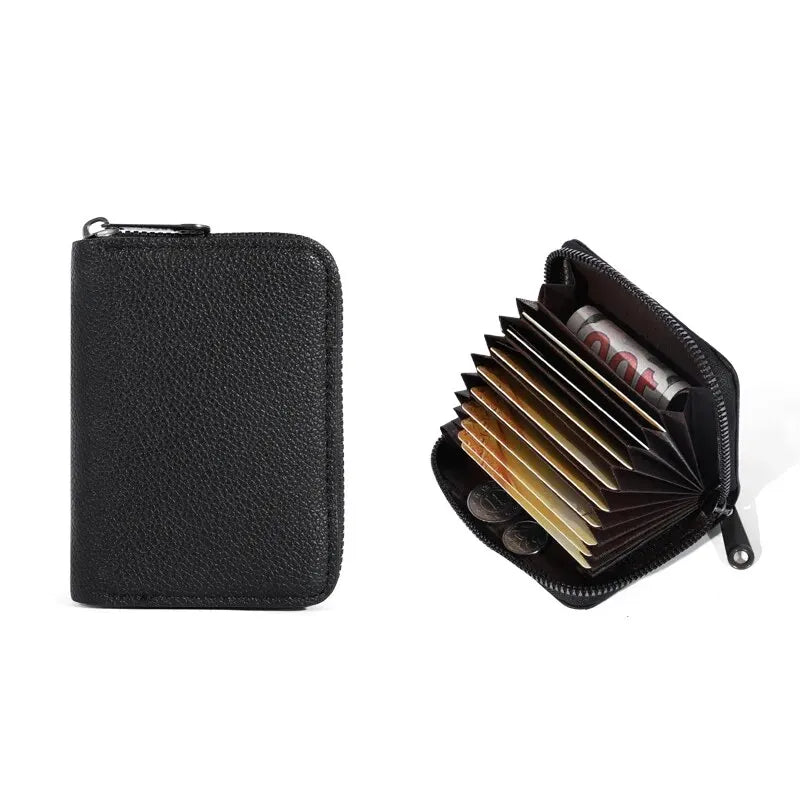 Schwarzes Premium-PU-Karte- und Ausweis-Halter-Wallet mit Reißverschlussfache für mehrere Karten.