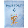 Light blue passport card holder featuring a vintage letter print of the letter F and small decorative elements.