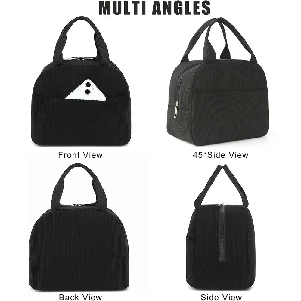 A reusable thermal insulated bento bag shown in front, back, and side views.