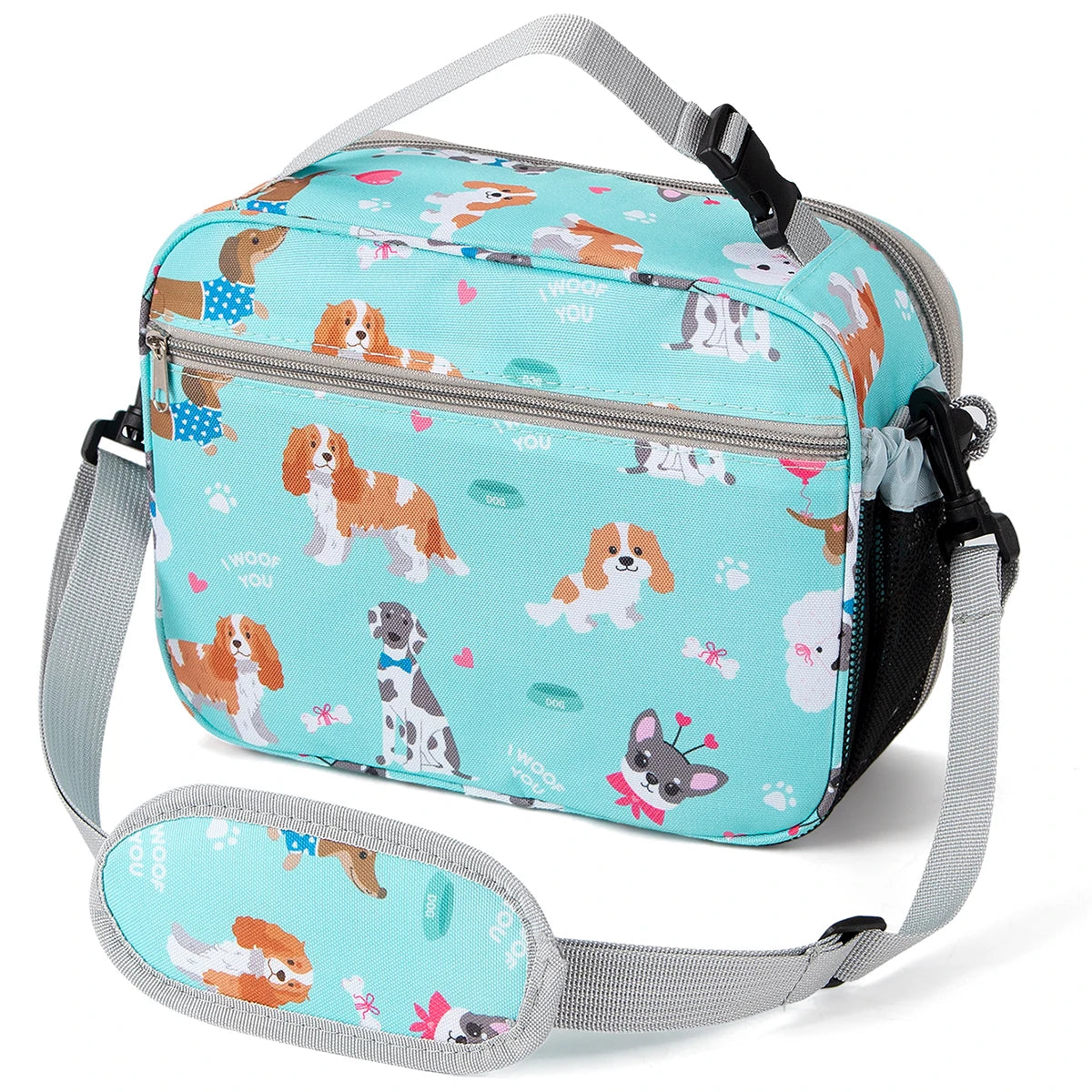 Bolsa térmica de almuerzo de color verde azulado con ilustraciones de perros y correa gris.