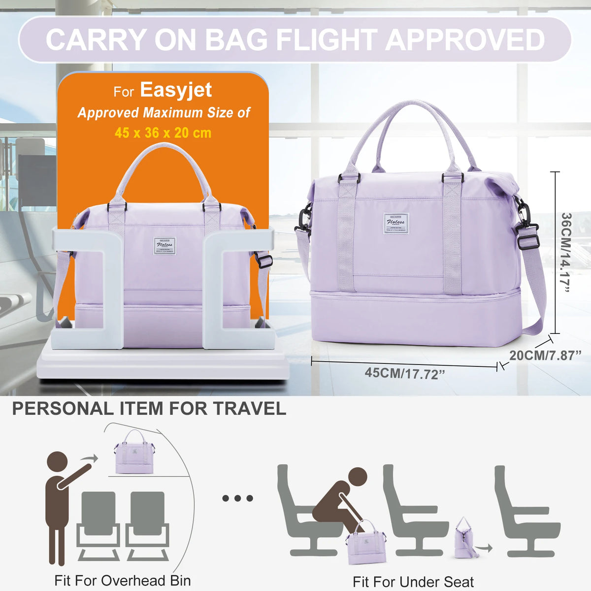 Maleta de viaje morada aprobada para vuelos de EasyJet, mostrada junto a una persona y diversas opciones de asientos.