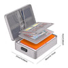 A silver fireproof multi-layer document organizer box with a mesh lid displaying several stacked documents.