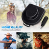 A black durable EVA hard shell fedora hat carrier is shown next to a woman and historical imagery.