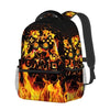 A black backpack featuring a fiery, cartoon game controller design.