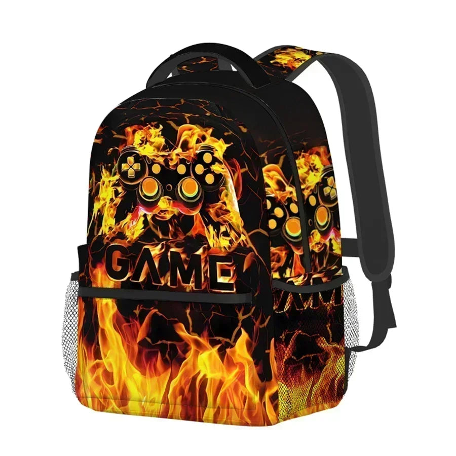 A black backpack featuring a fiery, cartoon game controller design.