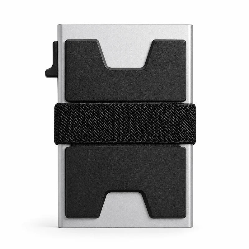 Porte-cartes anti-RFID minimaliste avec des protections noires et argentées.