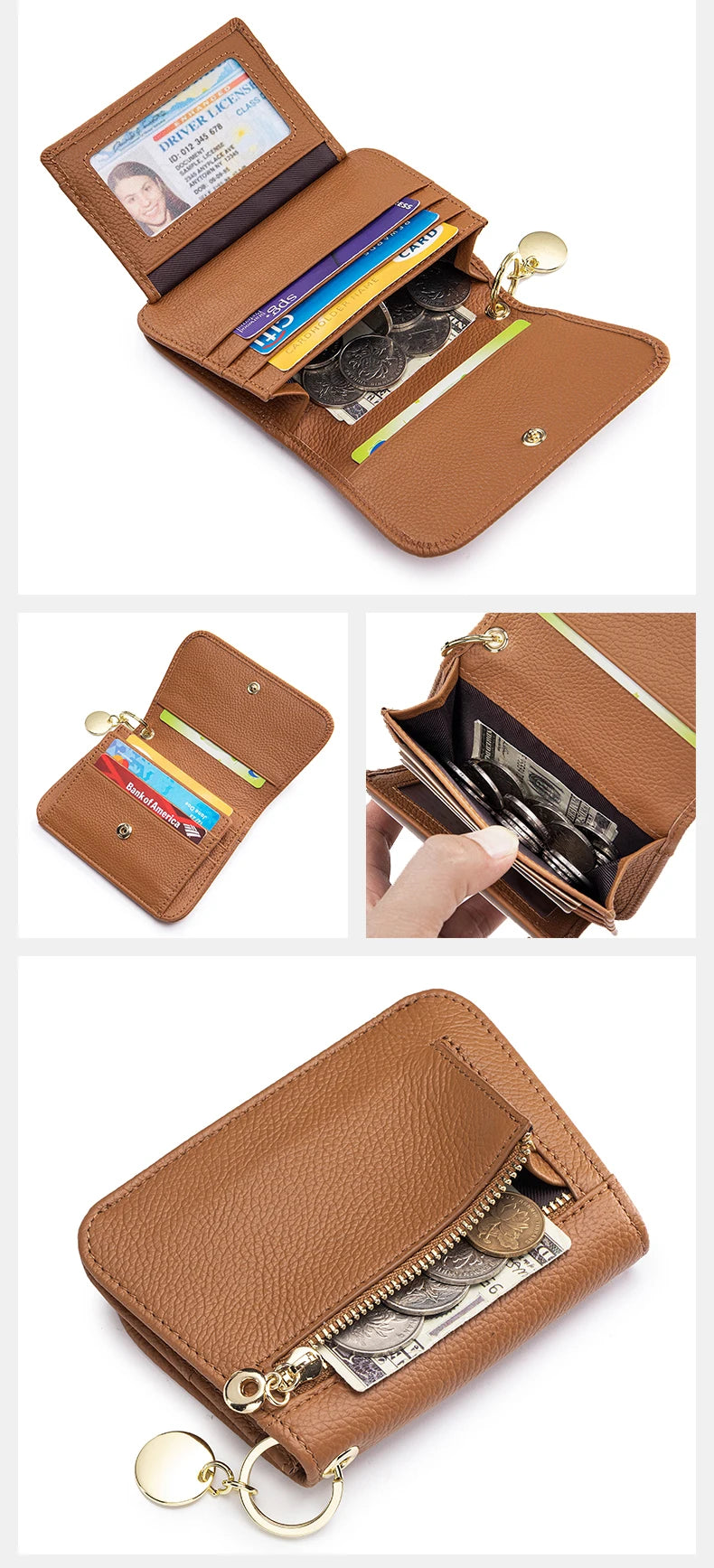 A brown genuine leather slim tri-fold wallet with a zipper pouch and gold hardware.