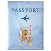 Light blue passport card holder featuring a vintage letter print design with an airplane and a teddy bear.