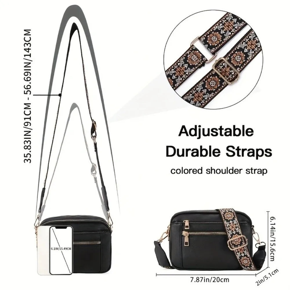 Black PU leather crossbody bag with adjustable patterned shoulder strap