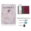 Funda de pasaporte de cuero PU marmolado rosa con diseño cosido y una incrustación que muestra un pasaporte y licencia de con