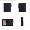 Black genuine leather slim bi-fold wallet shown from the front, back, inside, and side views.