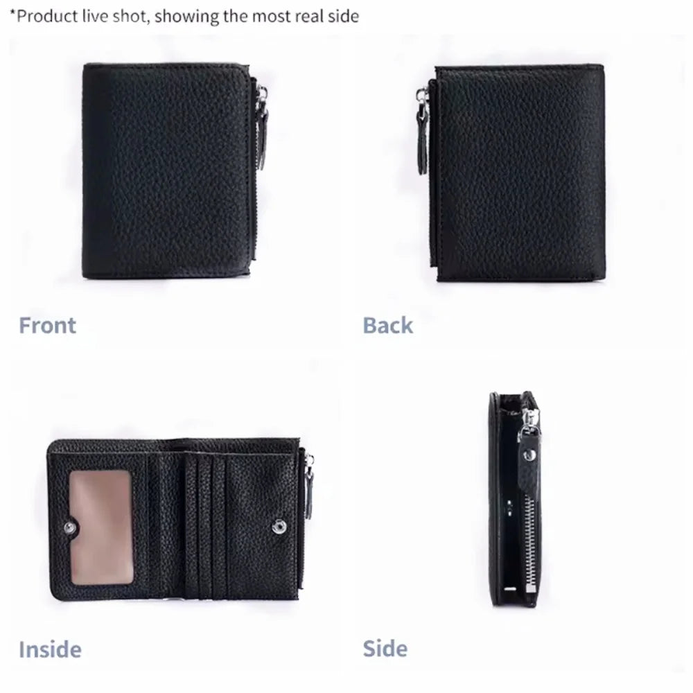 Black genuine leather slim bi-fold wallet shown from the front, back, inside, and side views.