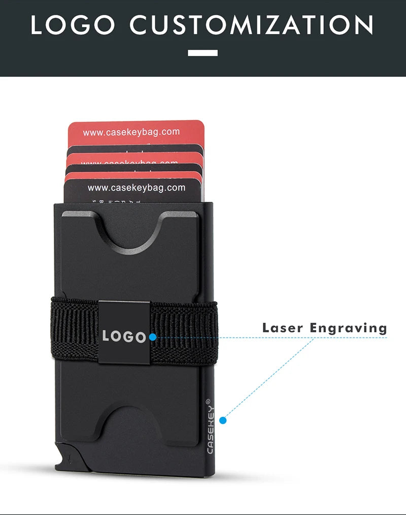 A black pop-up card wallet with a logo laser engraved on the front, shown next to various credit cards.
