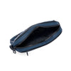 A dark blue men's PU leather crossbody bag with a zippered closure and adjustable strap.