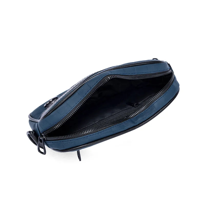 A dark blue men's PU leather crossbody bag with a zippered closure and adjustable strap.