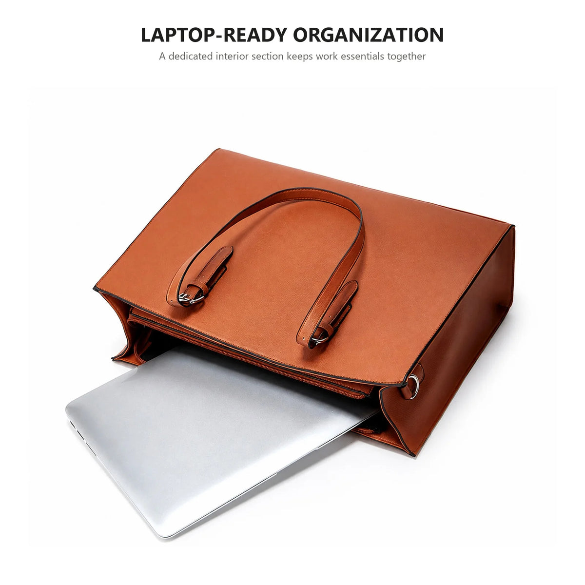 A brown leather laptop tote bag is shown open, revealing a silver laptop inside.