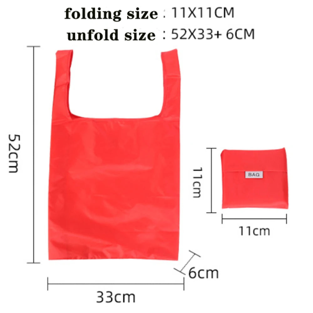 A red eco-friendly foldable shopping bag shown with its unfolded size dimensions.