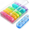 A clear plastic weekly pill organizer with seven colored compartments for daily medication