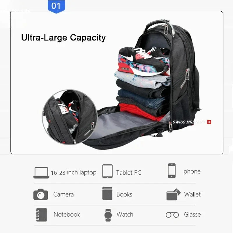 A black laptop backpack is shown with various items like a laptop, tablet, phone, camera, books, wallet, notebook, watch, and