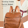 A brown leather backpack with tassels is shown next to a woman wearing a white top and red belt.