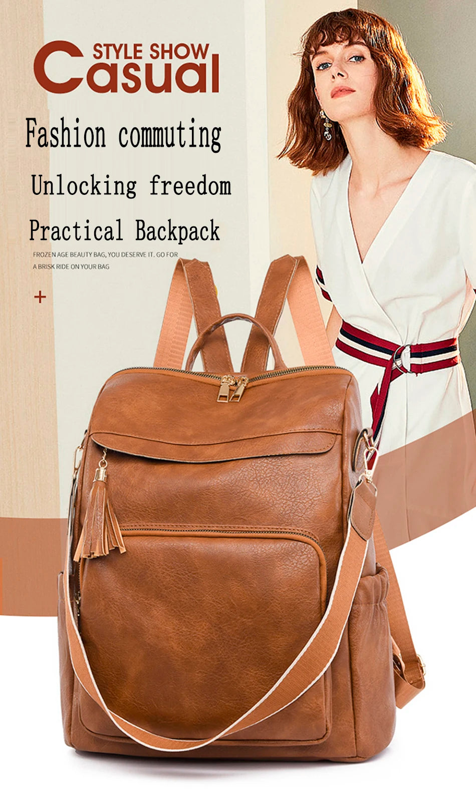A brown leather backpack with tassels is shown next to a woman wearing a white top and red belt.