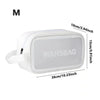 A white clear waterproof travel toiletry bag with a strap and measurements displayed.