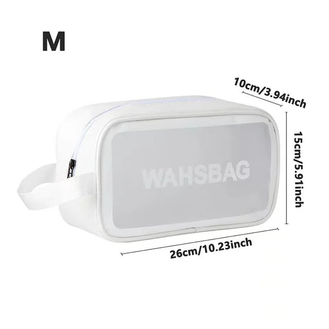A white clear waterproof travel toiletry bag with a strap and measurements displayed.