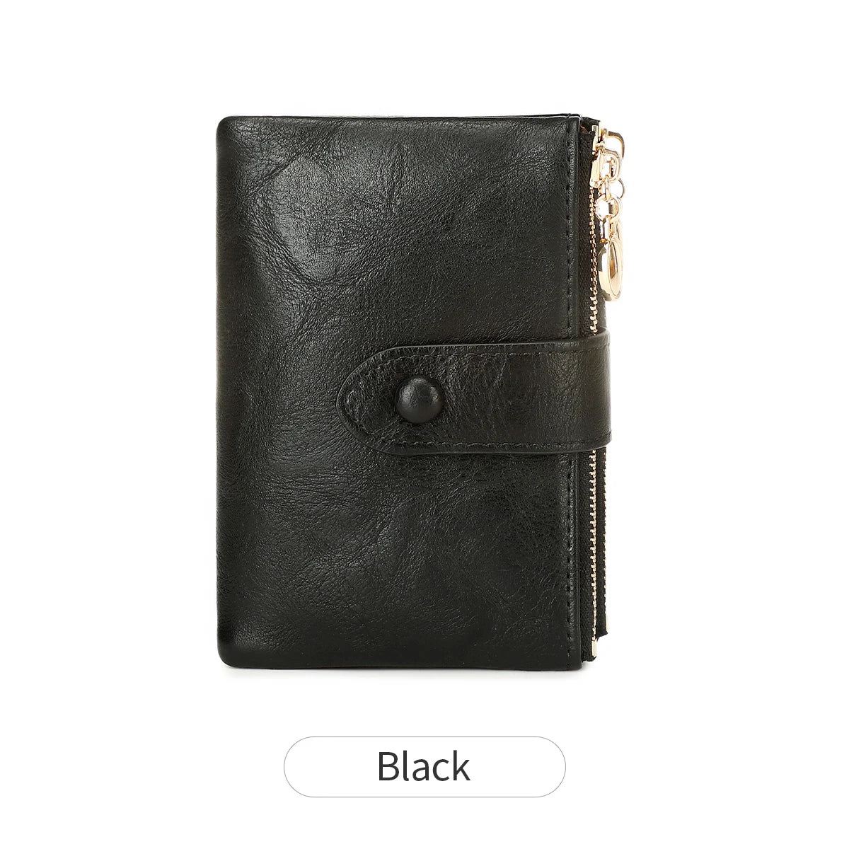 Black minimalist triple layer card holder wallet with gold zipper detail