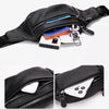 Bolso cruz de cuero negro genuino con cremallera, mostrando una tarjeta azul y una blanca.