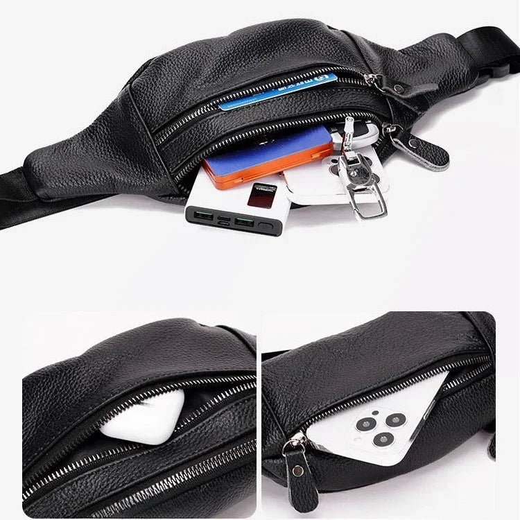 Bolso cruz de cuero negro genuino con cremallera, mostrando una tarjeta azul y una blanca.