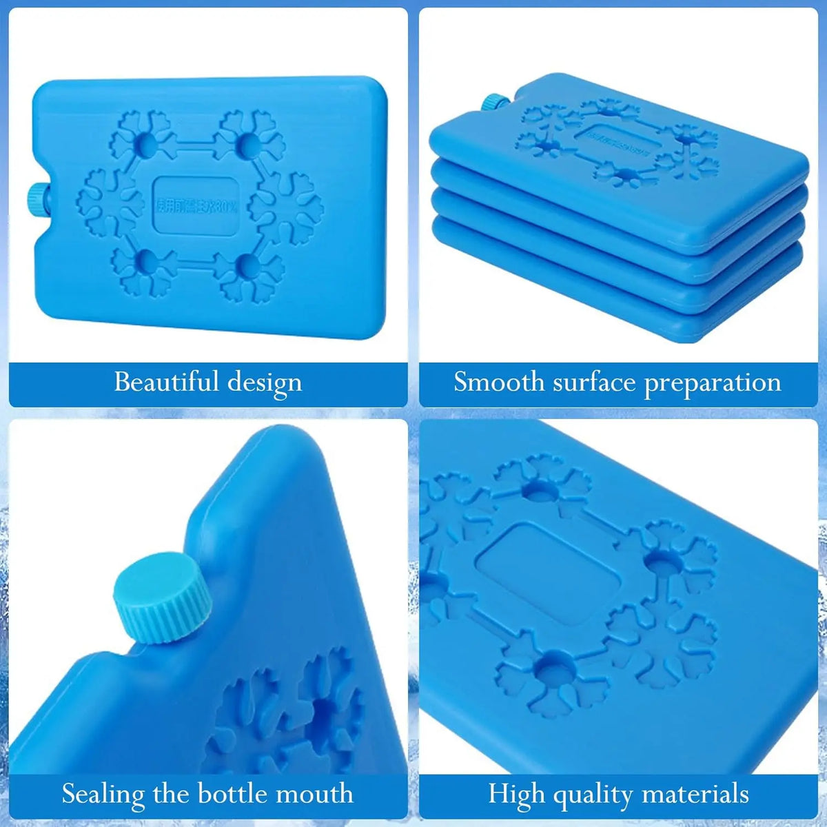 A set of four blue reusable gel ice packs designed for sealing bottle mouths and providing smooth surface preparation.