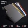 A dark gray metal card holder displaying various credit cards and an RFID blocking feature.