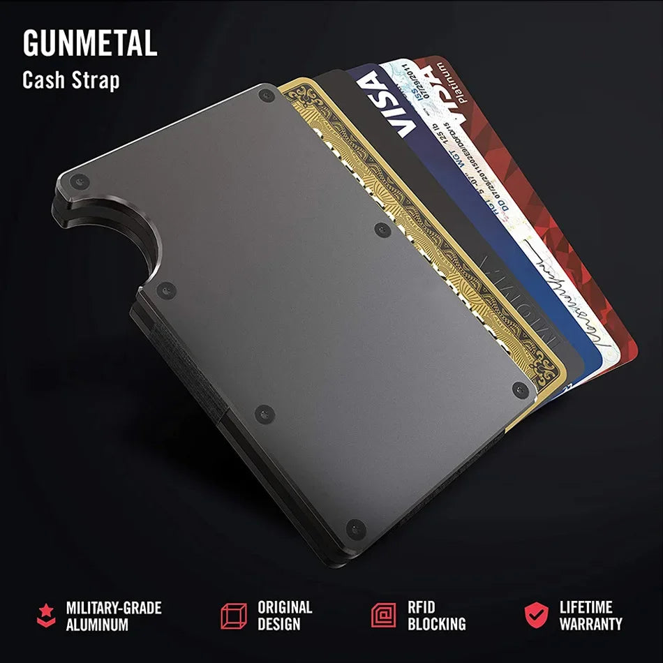 A dark gray metal card holder displaying various credit cards and an RFID blocking feature.