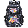 A dark blue and black backpack featuring a floral pattern and colorful characters on the front.